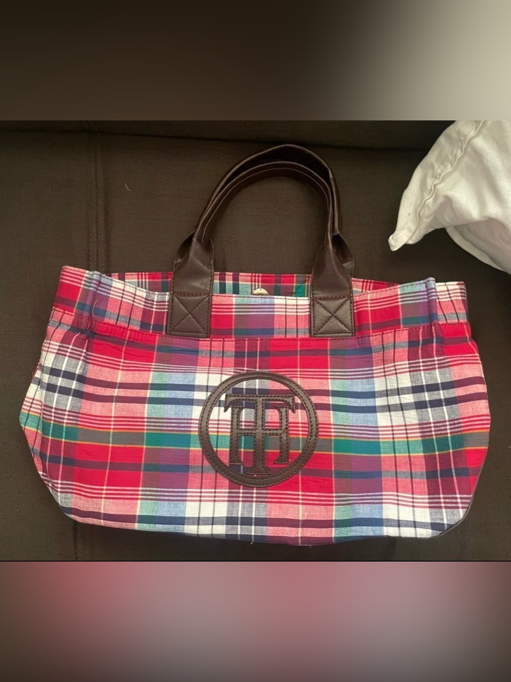 Tommy Hilfiger Multicolor Plaid Canvas Tote with Dark Brown Handles